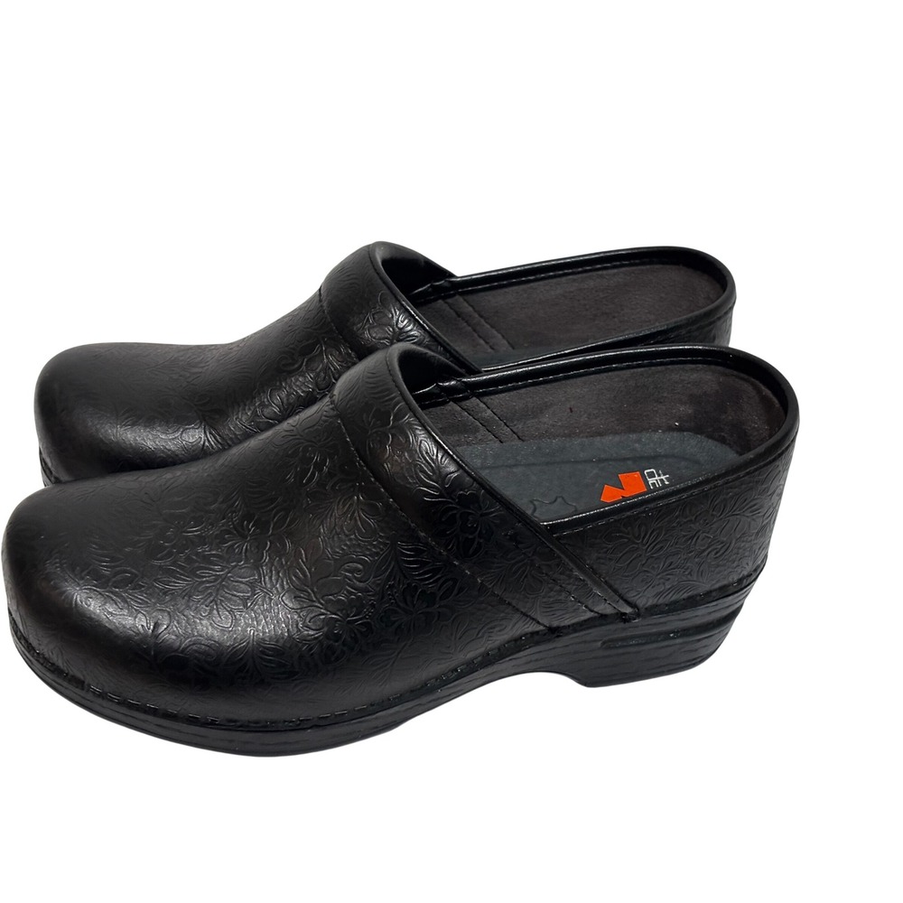 Dansko XP Professional Clogs Black Floral Embossed Leather Mules EU 38 7-7.5